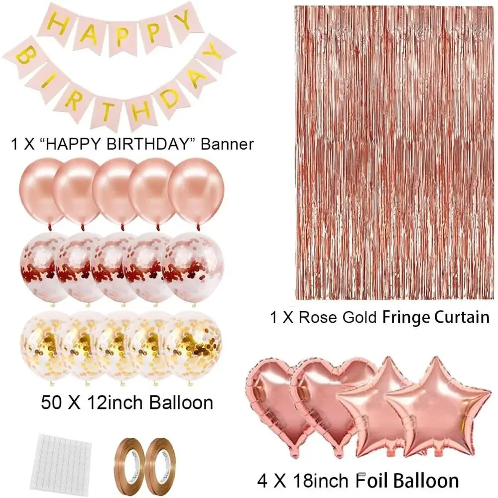 Rose Gold Birthday Party Decorations, Banner, Fringe Curtain, Confetti Balloons